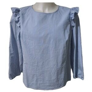 J.Crew Blouse Women's XXL Blue Striped Ruffle Shoulder Whimsical Preppy Boho Top